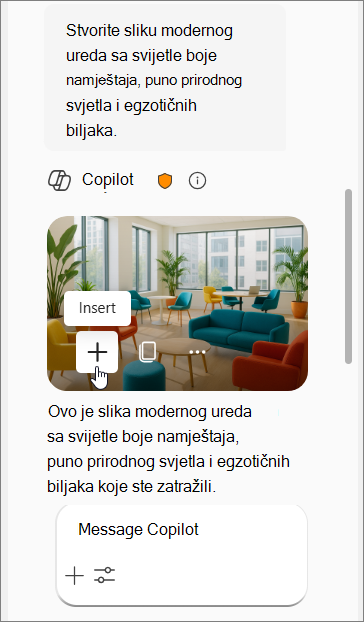 Prikazuje upit upućen rješenju Copilot za sliku modernog ureda s namještajem u boji, prirodnim svjetlom i egzotičnim biljkama, iza kojeg slijede četiri slike.