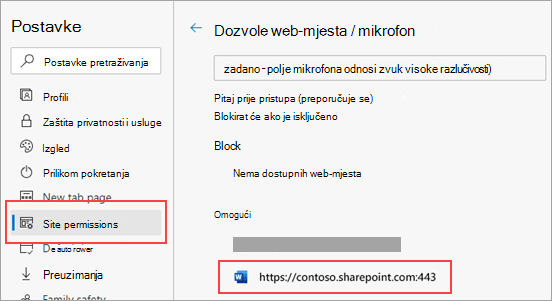 Stranica s postavkama dozvola za mikrofon za Microsoft Edge