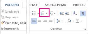 Gumb Numeriranje u grupi Odlomak na kartici Polazno