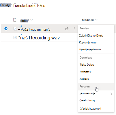 Datotečno sučelje OneDrive s označenim snimanjem i označenom opcijom Preimenuj u kontekstnom izborniku