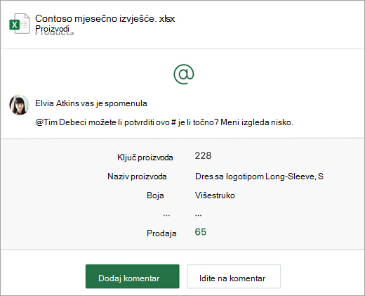 Snimka zaslona s obavijesti e-poštom o komentaru