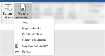 Snimka zaslona na kojoj se prikazuju gumbi Informacije o dokumentu i Datum & vrijeme na vrpci Word