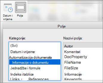 Snimka zaslona na kojoj se prikazuju kodovi polja filtrirani prema kategoriji Informacije o dokumentu