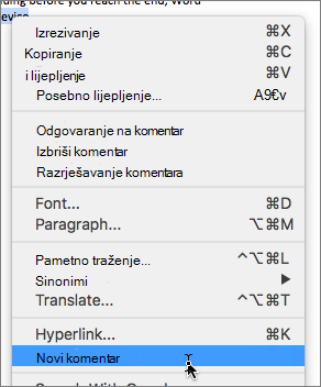 Kontekstni izbornik programa Word za Mac s odabranom mogućnošću Novi komentar