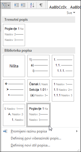 Pomoću višerazinskog popisa Naslovi poglavlja  oblikuju se naslovi poglavlja koji će biti obuhvaćeni opisima.