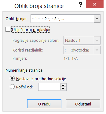 Dijaloški okvir Oblik broja stranice