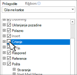 Potvrdni okvir za skrivanje ili prikaz kartice