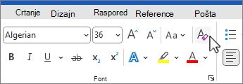 Gumb Očisti cjelokupno oblikovanje odabran u grupi Font