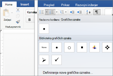 Prikazana je kartica Polazno s galerijom grafičkih oznaka.