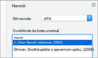 Okno s navodima sadrži popis navoda.