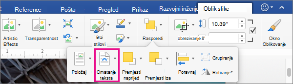 Kliknite Prelamanje teksta da biste odabrali na koji se način tekst prelama oko slike ili crtežnog objekta.