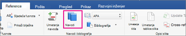 Na kartici Reference istaknuti su navodi.