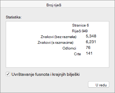 Word count dialog box