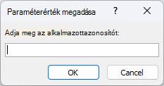 Egy példát mutat be az Access várt Paraméterérték megadása párbeszédpaneljére, amelynek azonosítója Az alkalmazott azonosítója megadása, egy mező, amelyben be kell írni egy értéket, valamint az OK és a Mégse gomb.