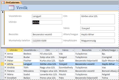 Osztott űrlap egy Access asztali adatbázisban