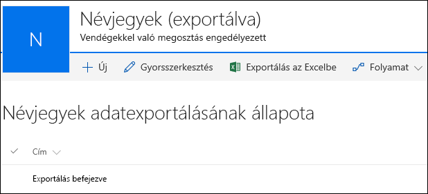 SharePoint-lista az Exportálás befejezve című rekorddal