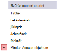 Navigációs ablak szűrése csoport szerint menü
