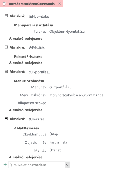 Képernyőkép négy almakrót tartalmazó Access-makróról