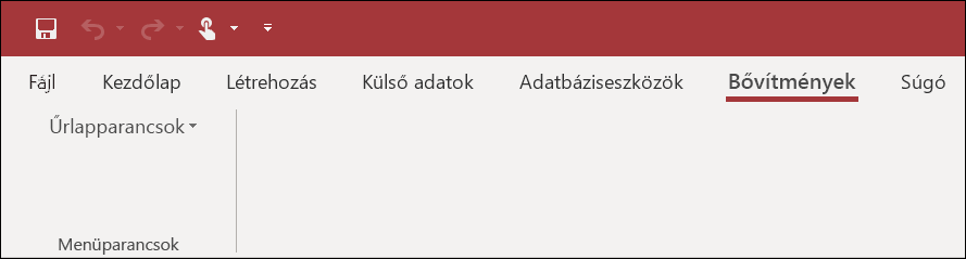 Képernyőkép az Access Bővítmények menüszalagjáról