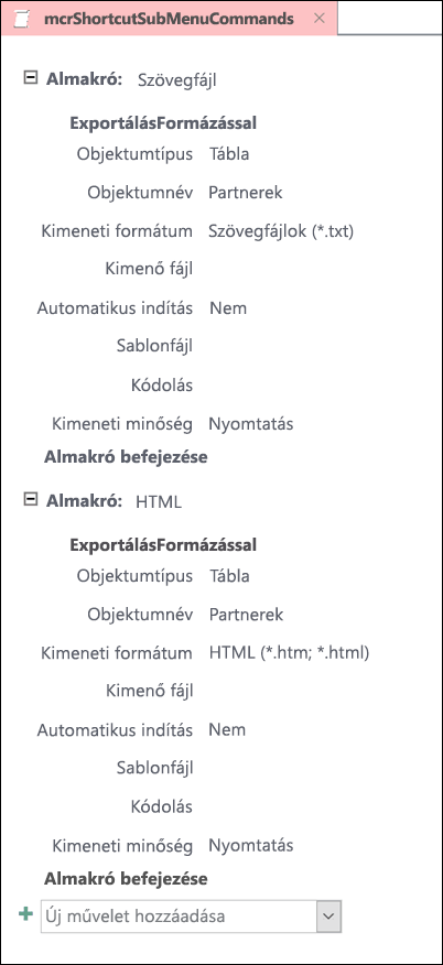 Képernyőkép egy Access-makróról két almakróval