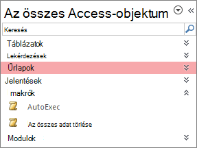 Az Access navigációs ablak