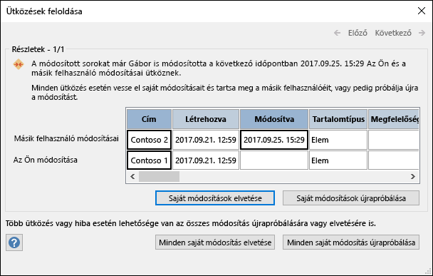 Az adatütközések feloldásához használja az Ütközések feloldása párbeszédpanel beállításait.