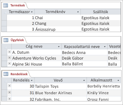 A Termékek, a Vevők és a Rendelések tábla kivonatai
