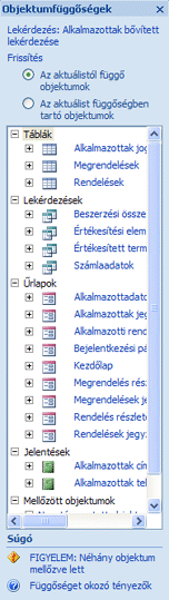 Az Objektumfüggőségek ablaktábla