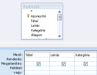 Tervezőrács egy három mezőt tartalmazó lekérdezéssel