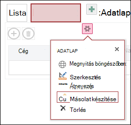 Beállítások menü a Megnyitás böngészőben, Szerkesztés, Átnevezés, Duplikálás és Törlés paranccsal
