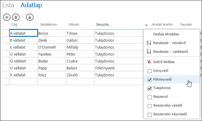 Filter options for Job Title column in datasheet