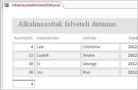 Egy alkalmazotti jelentés, amely az L betűvel kezdődő vezetéknevű alkalmazottakra van szűrve.
