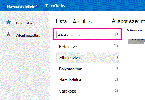 Összegző nézet keresőmezője