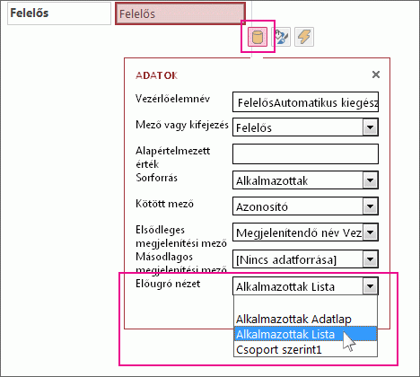 Automatikus kiegészítés vezérlő előugró nézetének kiválasztása