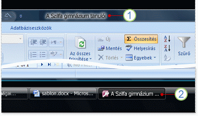 Az adatbázis címsora és gombja a tálcán