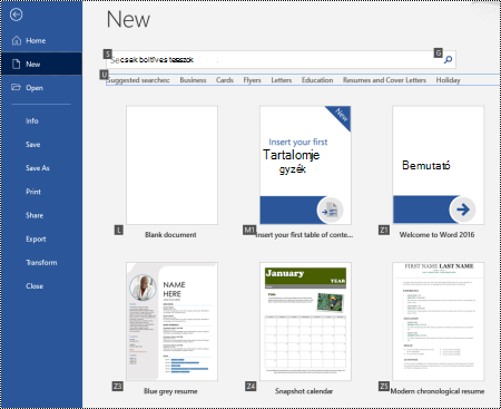 Új lap a Windows Word Fájl menüjében