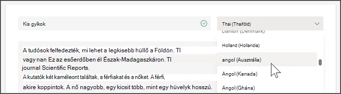 Képernyőkép a nyelv kiválasztására szolgáló legördülő listáról
