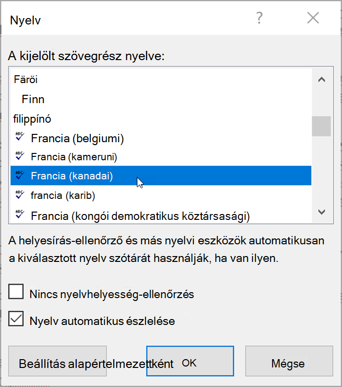 Képernyőkép a Word-ből. Előugró ablakban megjelennek a kiválasztható nyelvek. Az automatikus nyelvfelismerés be van jelölve.