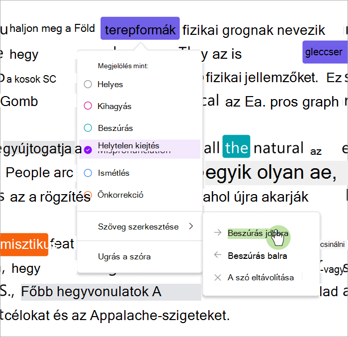 olvasáskészség fejlődése véleményezési ablaktáblájának képe, amely bemutatja, hogyan szúrhat be szavakat a kijelölt szó jobb vagy bal