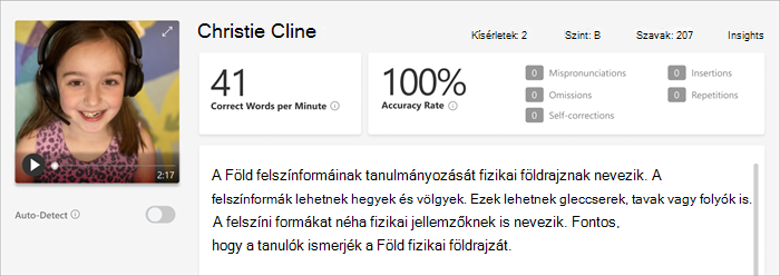 Képernyőkép az Olvasáskészség fejlődése funkció véleményezési ablaktáblájáról,
