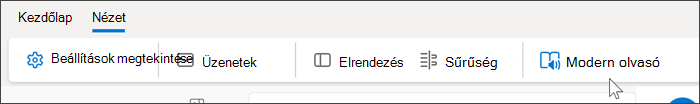 Képernyőkép a Webes Outlook felső részén, amelyen a kijelölt Nézet lap látható, és az egérmutató a modern olvasó fölé mutat