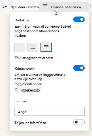 Olvasási beállítások a Modern olvasóban