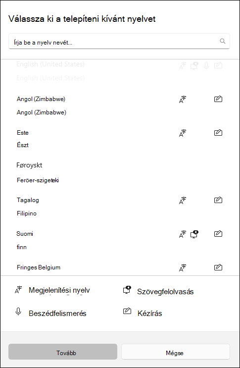 Képernyőkép a Windows 10 beállításai között letölthető nyelvi csomagokról.