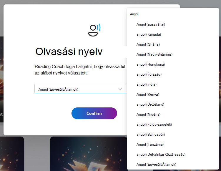 Képernyőkép az olvasási nyelv beállításairól.