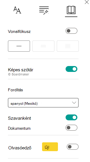 Képernyőkép az olvasási beállításokról.