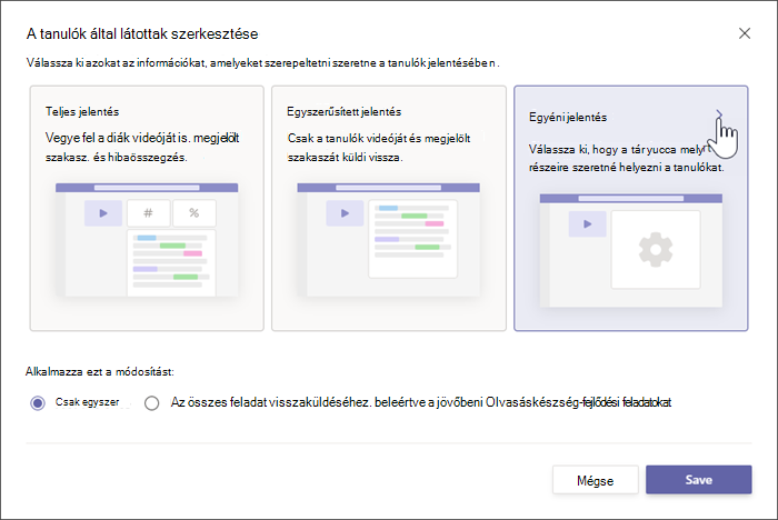 A tanulóknak szóló jelentésekhez két lehetőség látható: a teljes jelentés konkrét numerikus részleteket tartalmaz a tanulók teljesítményéről, az egyszerűsített jelentés csak azokat a szavakat mutatja meg a szövegben, amelyeket a tanuló kihagyott.