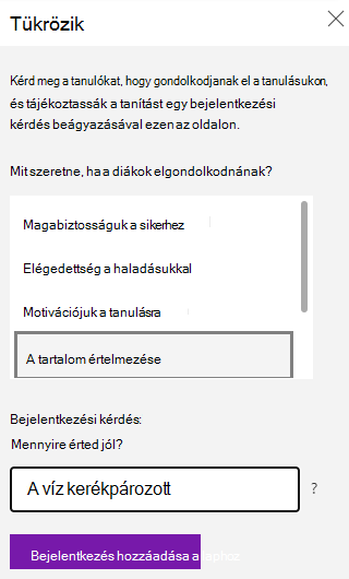 Képernyőkép a reflektálási kérdésről.