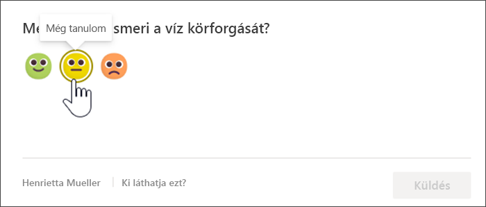 Képernyőkép a reflektálási bejelentkezés tanulói nézetéről válasz előtt. Az egérmutató a sárga, bizonytalan emoji fölé mutat, és egy elemleírás jelenik meg: Még tanulok