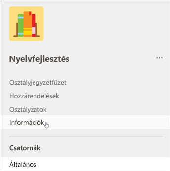 Képernyőkép a Teams bal oldali navigációjáról, Egy lista az osztályjegyzetfüzetet, a feladatokat, az osztályzatokat és az elemzéseket jeleníti meg.