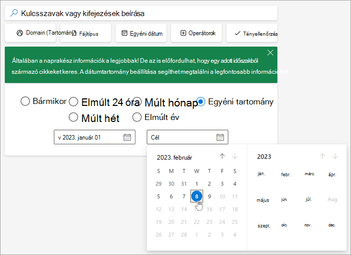 Képernyőkép a dátumválasztó eszközről az egyéni tartomány kijelölése után.